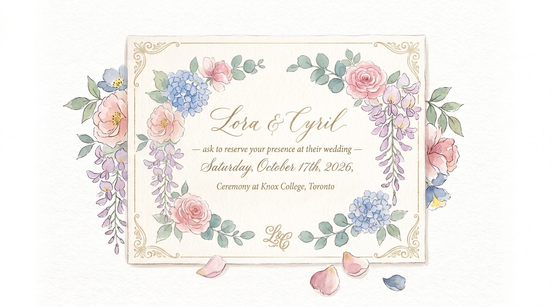 Watercolor wedding invitation bordered with roses, hydrangeas and wisteria