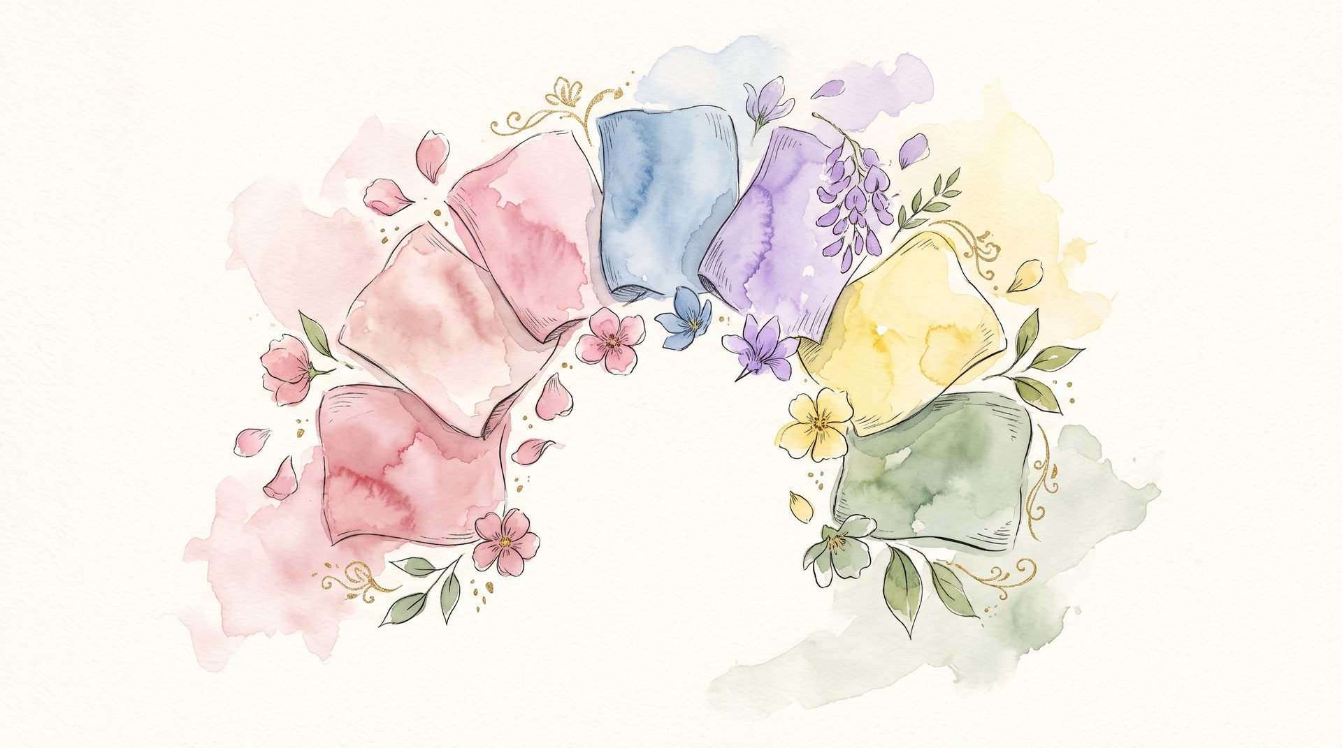 An arch of watercolor fabric swatches in blush, rose, soft blue, lavender, butter yellow and sage