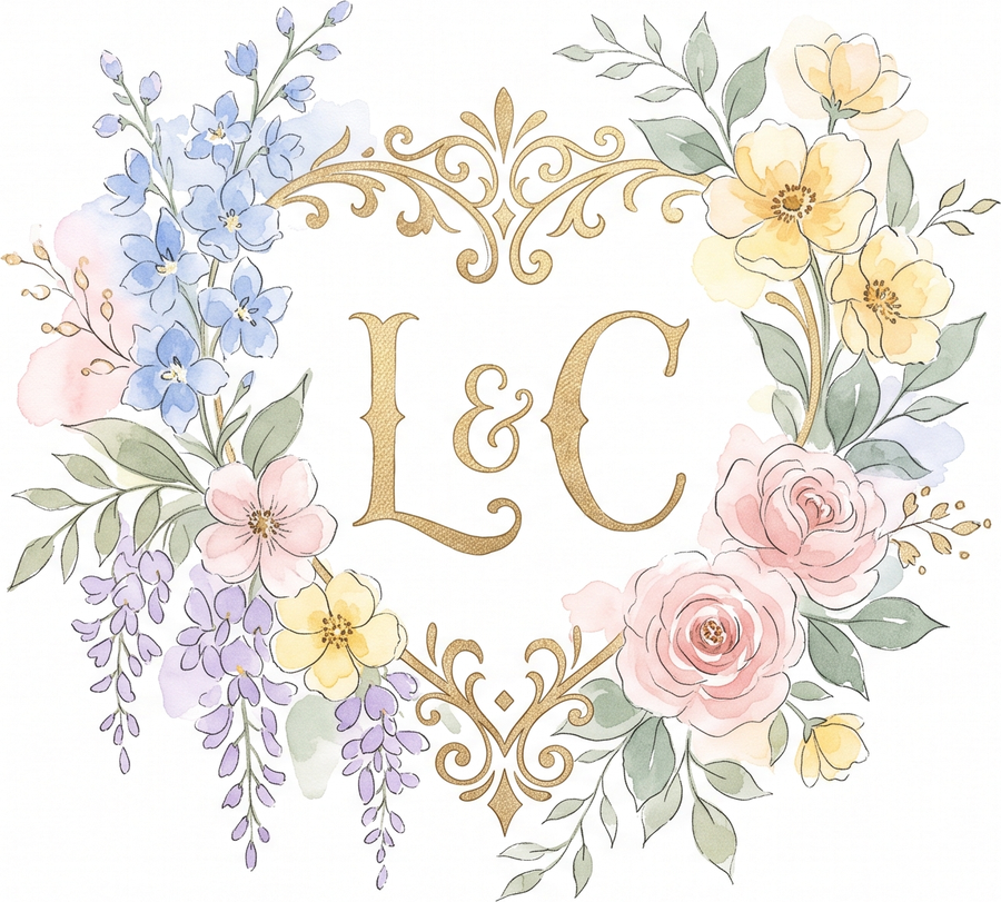 L and C monogram wreathed in watercolor flowers