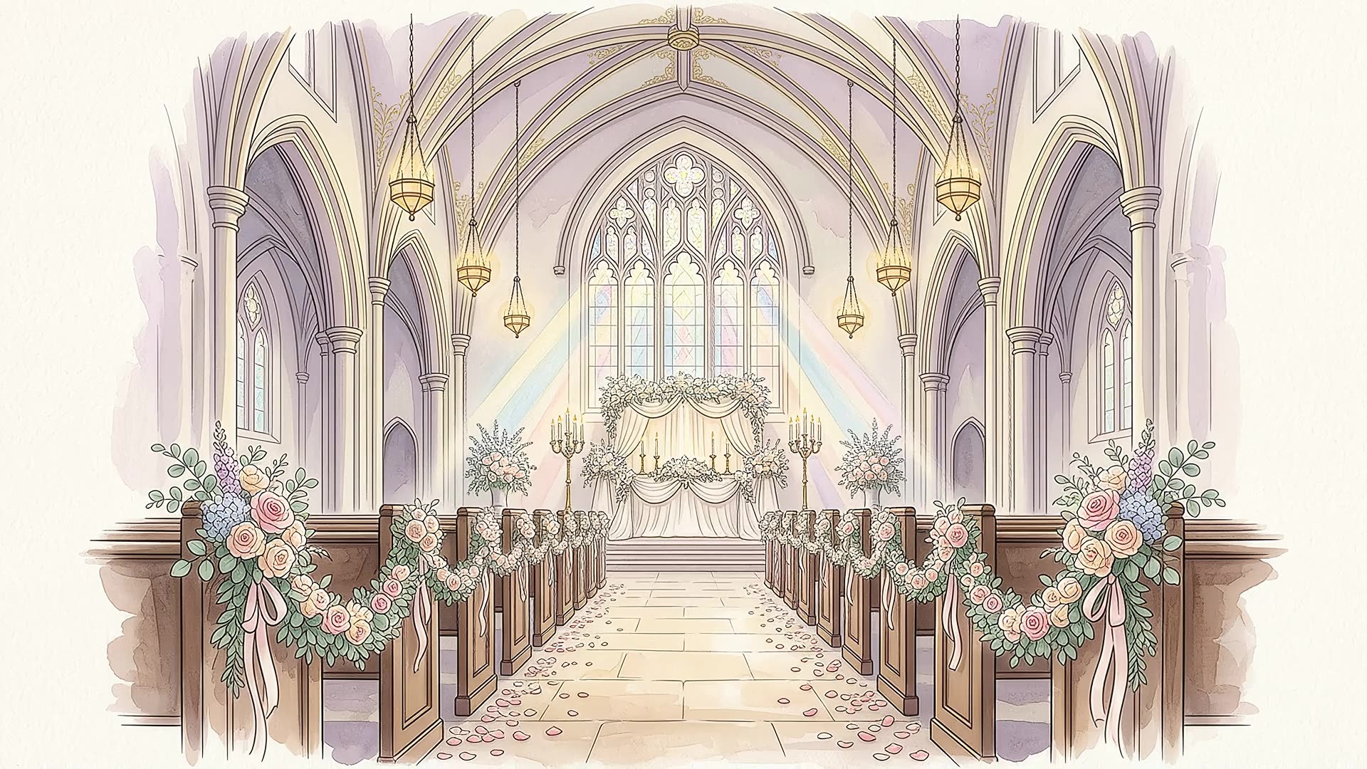 Watercolour illustration of the chapel interior at Knox College